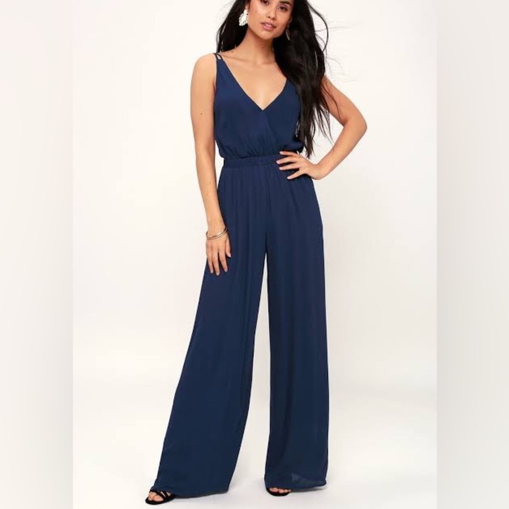 Lulu's XS Wandering Spirit Navy Blue Backless Jumpsuit